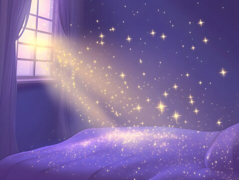 Magical Starlight Bedroom Scene, Dreamy Purple Bed with Sparkling Dust