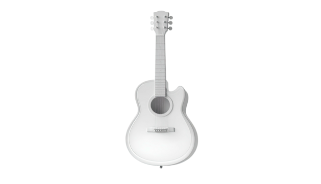 A white acoustic guitar with a cutaway, centered against a black background