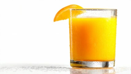 Close-up of a fresh orange juice glass with condensation and an orange slice on a white background, symbolizing freshness and summer - Powered by Adobe