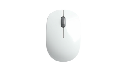 Top-down view of a simple, white, oval-shaped computer mouse against black