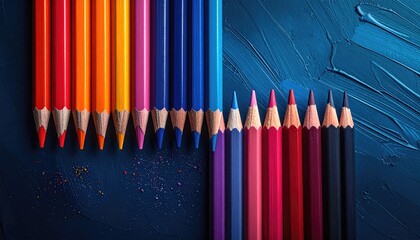 Symmetrical colorful pencils on textured blue background