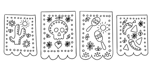 Hand drawn papel picado garland with cactus, skull, maracas, and chili pepper designs. Represents Mexican fiesta and dia de los muertos decoration concept