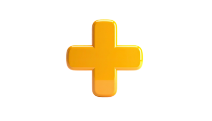 A glossy, orange plus sign, centrally positioned, against a stark, black background