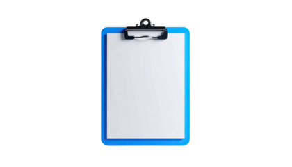 A blue clipboard holds a blank white paper sheet against a stark black background