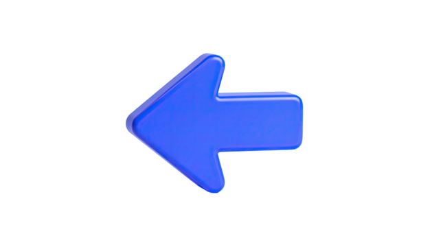 A glossy, blue arrow pointing left against a stark black background