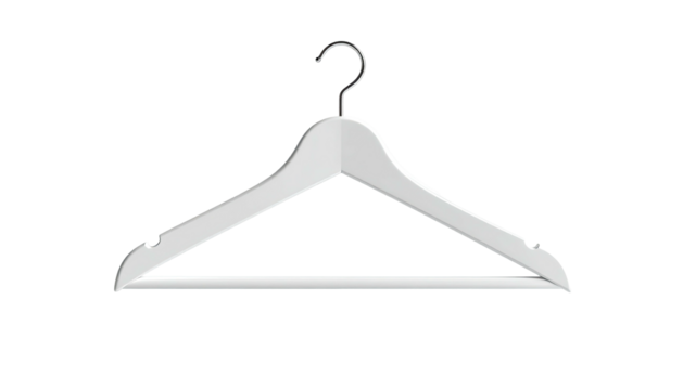 A glossy white wooden clothes hanger with a metallic hook against a stark black background