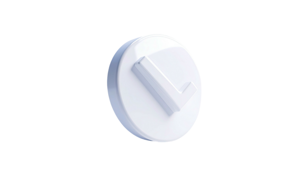 Glossy white checkmark icon emerging from a flat, round, white surface