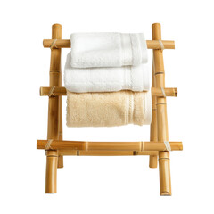 Fresh towels neatly arranged on a stylish bamboo ladder shelf for bathroom decor