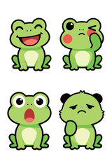Adorable Cartoon Green Frog Character Set Vector with Different Expressions: Happy, Upset, Surprised