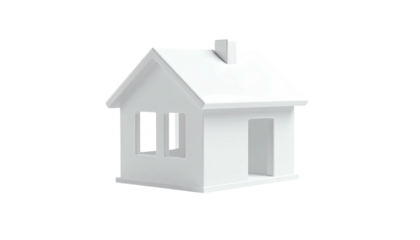 3D white house illustration with open doorway, windows, and chimney