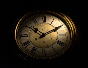 Antique clock face, gold trim, Roman numerals, dark