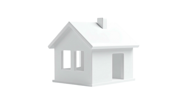 3D white house illustration with open doorway, windows, and chimney