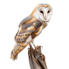 Majestic barn owl perched on a weathered tree stump against a stark