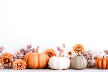 Autumn composition. Various pumpkins, fall flowers on white background. Halloween backdrop copy space. Nordic, hygge, cozy home concept. Thanksgiving Aesthetic decoration. Modern Invitation Mock up Ad