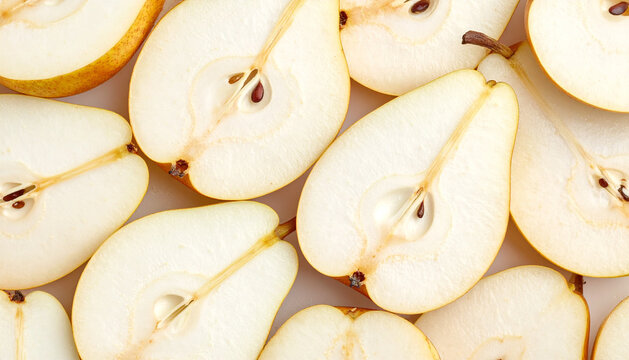 Sliced pears arranged showing white flesh and seeds on white surface