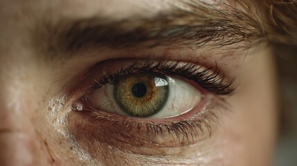 Obraz premium Detailed macro shot of a hazel eye showcasing the intricate patterns of the iris, eyelashes, and skin texture. Eye health and vision detail.