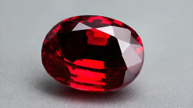 Shiny faceted ruby gemstone in close-up detail, realistic photo style, placed on a textured gray surface, concept of luxury and elegance