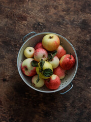 Ripe juicy farm apples in a metal colander on a wooden background, top view