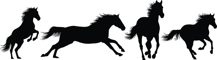 Black horse silhouette rearing, galloping, trotting, running, dynamic animal motion, wild equine energy, vector illustration, isolated design element, artwork