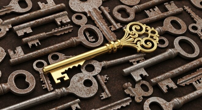 An ornate, shiny golden key rests diagonally on a background of countless old, weathered, and rusty keys