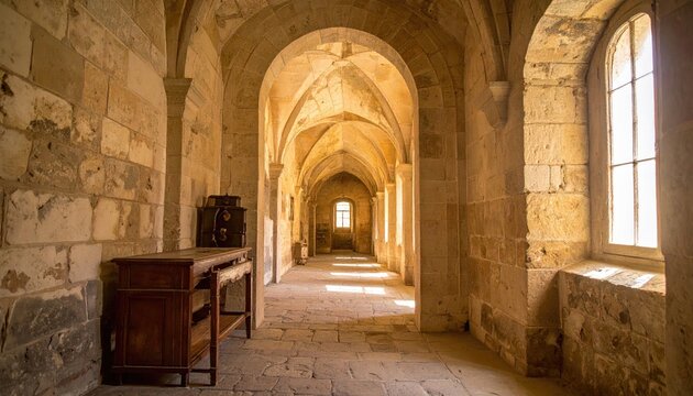 Long stone hallway with arched ceiling and windows, sunlit, historic
