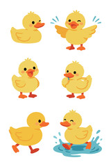 Cute Cartoon Yellow Duckling Chick Character Vector Set Waving Wings and Splashing in Water