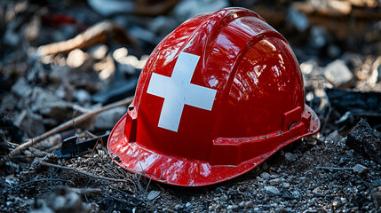 Red safety helmet found on construction site debris Generative AI