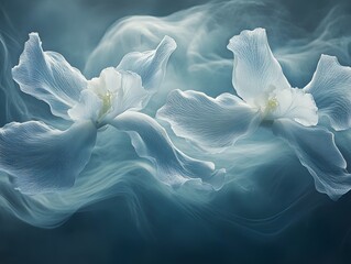 Ethereal White Flowers in Teal Smoke Artistic Image
