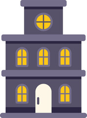 Purple haunted house with glowing windows and round attic window, perfect for halloween projects