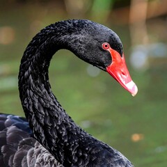 Close-up of a black swan's head and neck.  A glossy, black, textured neck curves gracefully.  A bright red beak contrasts with the dark plumage.  Out-of-focus green water background