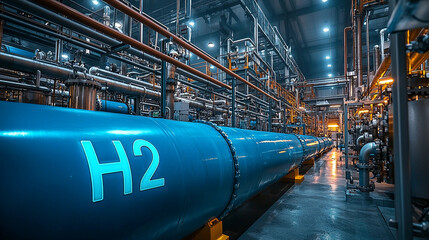 Industrial facility features large blue hydrogen pipeline Generative AI