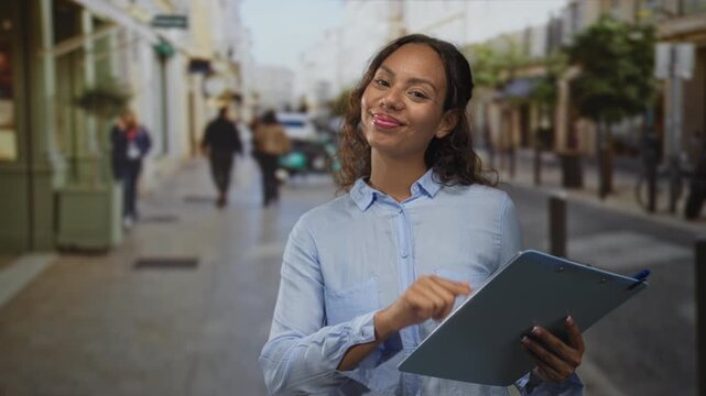 Woman holding clipboard and tapping pen while smiling on a busy city street; confidence professionalism.