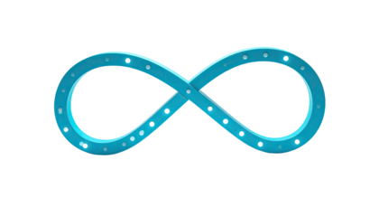 A 3D rendered, turquoise infinity symbol with dotted accents against black