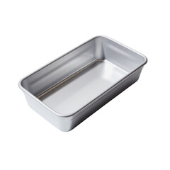 An empty, shiny silver metallic rectangular baking pan, ideal for bread or cakes, presented on a dark background. background removed