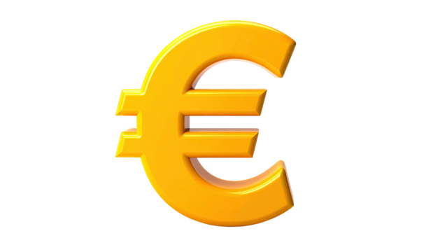 A golden-colored, three-dimensional euro currency symbol against a black background