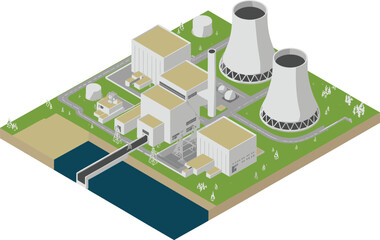 isometric 3d illustration of modern nuclear power plant with cooling towers, industrial buildings, energy facility, clean electricity production site
