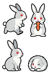Cute Cartoon White and Gray Rabbit Character Vector Set Eating Carrot and Sleeping