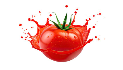 A plump, red tomato erupts in a vibrant splash of juice against a black backdrop