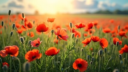 Fototapeta premium Vibrant Red Poppy Field at Sunset Landscape