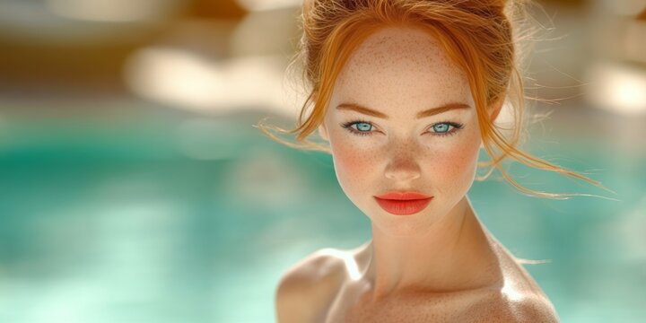 Stunning closeup of a beautiful redhead with freckles and blue eyes, exuding confidence and charm.