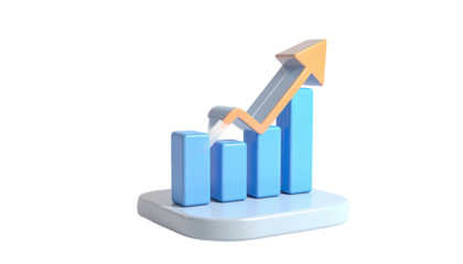 3D render Blue chart with rising orange arrow over the bars, on a platform