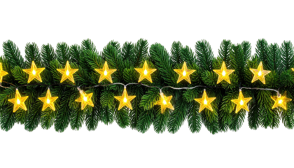 Green fir garland with glowing golden star lights, black background
