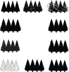 Fototapeta premium Conifer tree illustration set, forest silhouette pack, textured and shaded styles, black and white vector design, nature concept art, grouped pine tree icons
