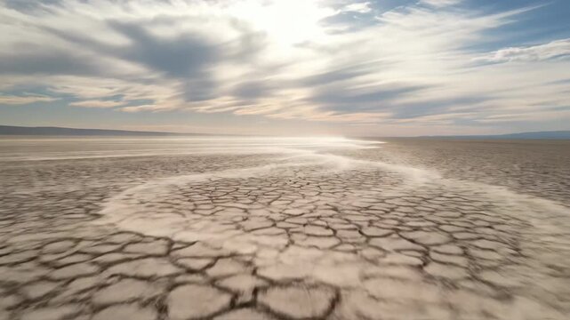 Expansive timelapse capturing wind-blown dust trails forming intricate patterns across a cracked, dry lakebed under a dynamic sky geology, arid, natural phenomenon