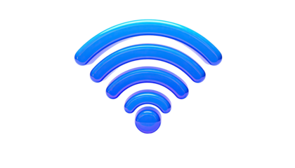 Shiny blue, stylized wireless signal icon on a black background