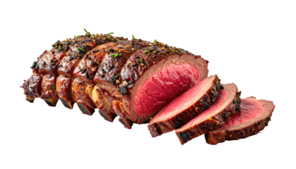 Roasted beef rib roast, seasoned, sliced to reveal a juicy, pink interior