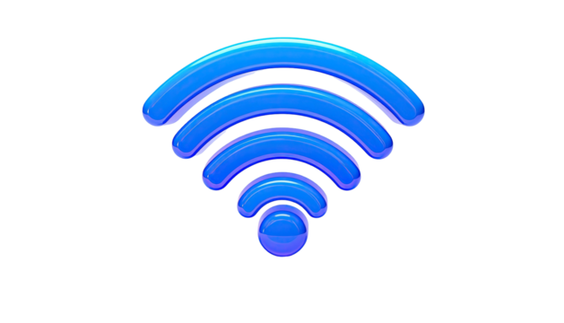 Shiny blue, stylized wireless signal icon on a black background