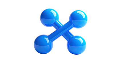 Two blue, glossy, weightlifting dumbbells cross against a black background