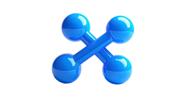 Two blue, glossy, weightlifting dumbbells cross against a black background