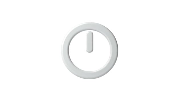 White, glossy power icon, simple, circular shape, against a stark black background